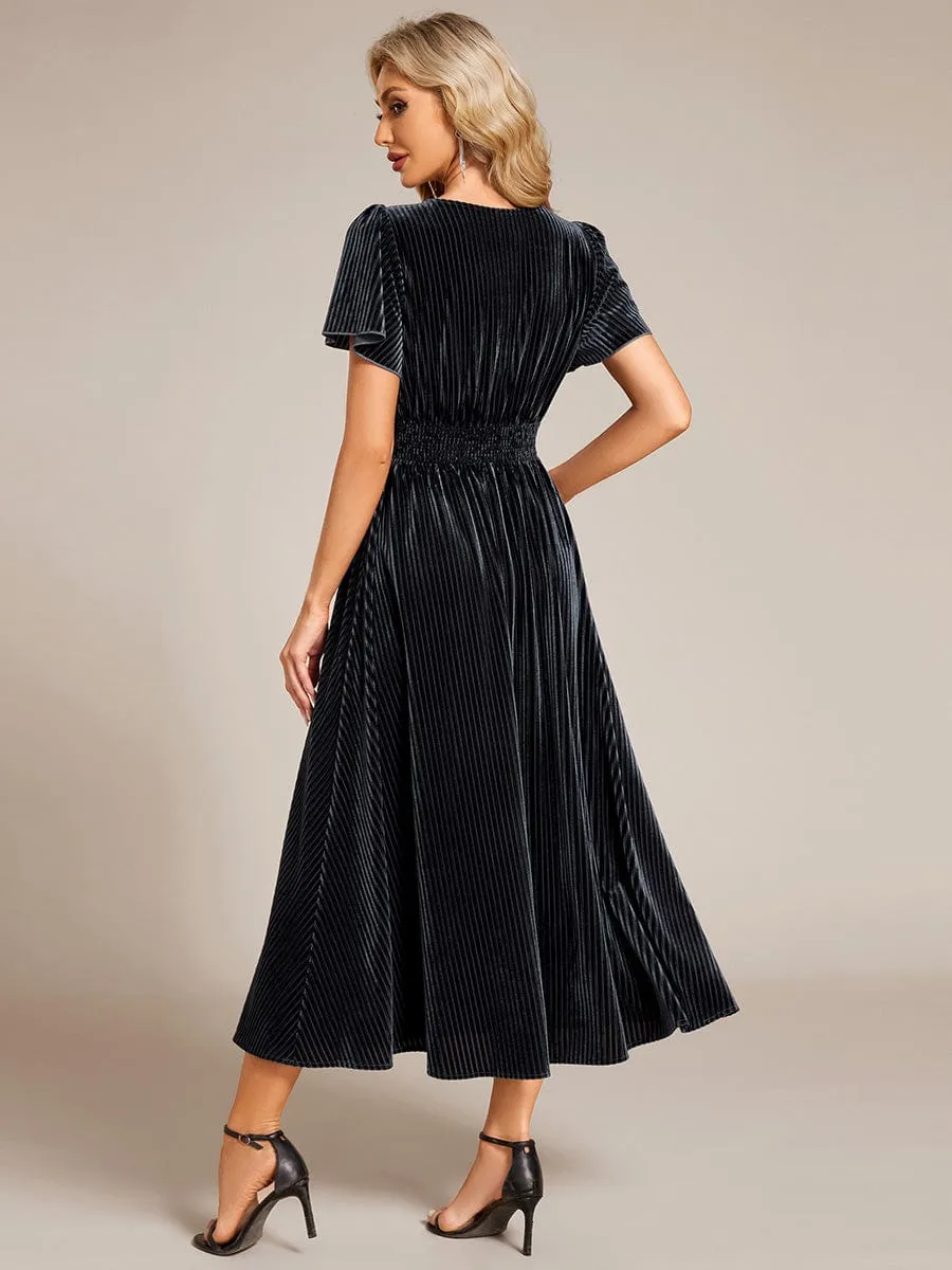 Striped Velvet Flutter Sleeves V-Neck Midi Wedding Guest Dress