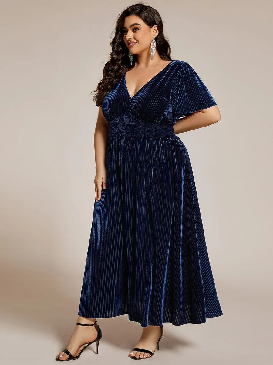 Striped Velvet Flutter Sleeves V-Neck Midi Wedding Guest Dress