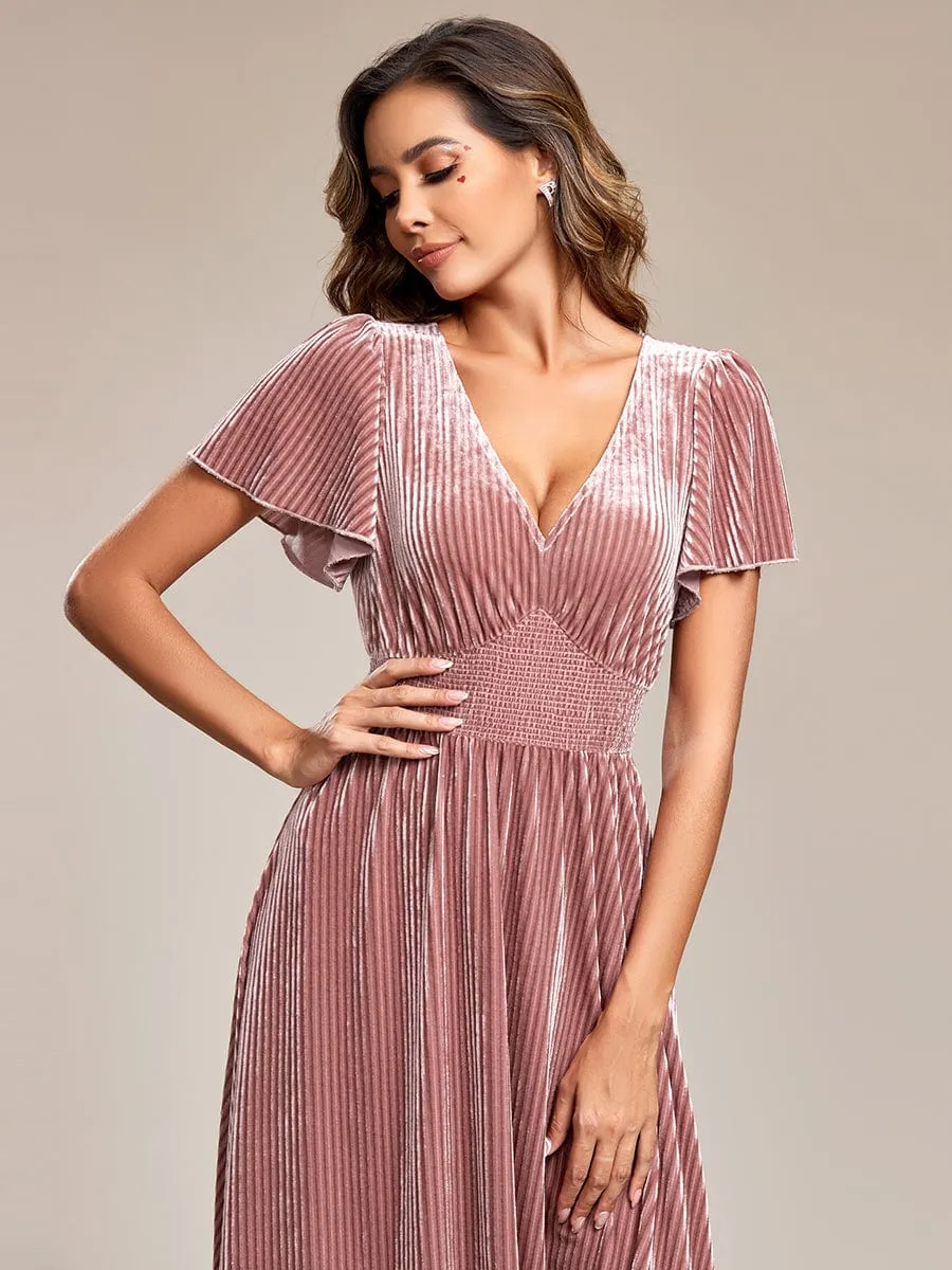Striped Velvet Flutter Sleeves V-Neck Midi Wedding Guest Dress