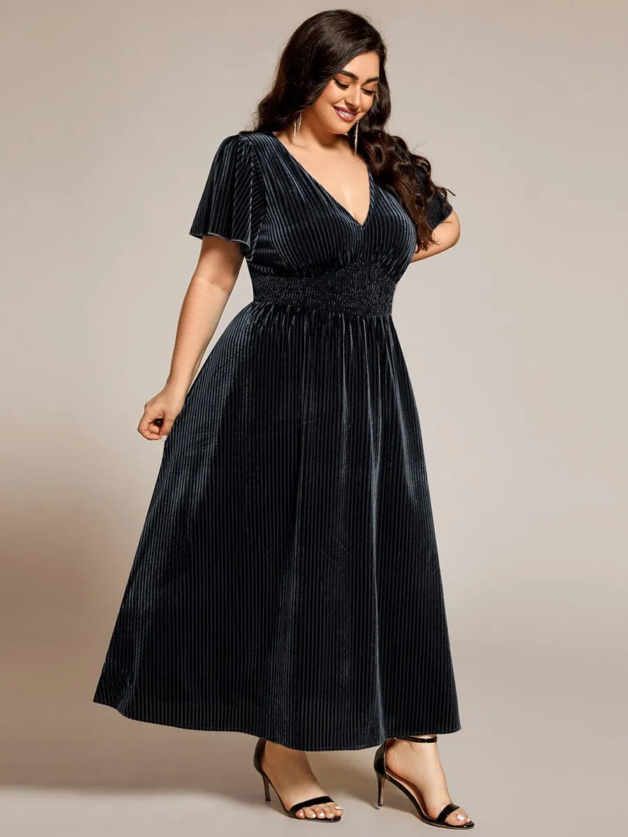 Striped Velvet Flutter Sleeves V-Neck Midi Wedding Guest Dress