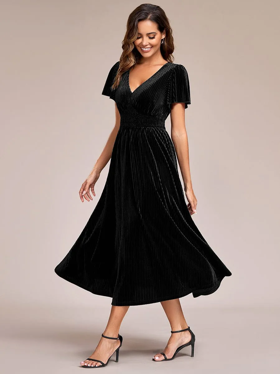 Striped Velvet Flutter Sleeves V-Neck Midi Wedding Guest Dress