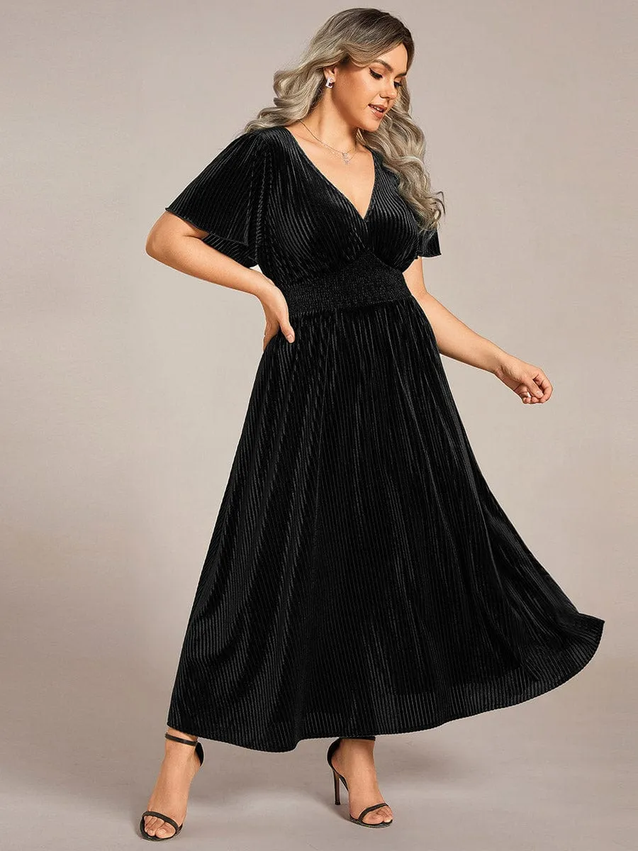 Striped Velvet Flutter Sleeves V-Neck Midi Wedding Guest Dress