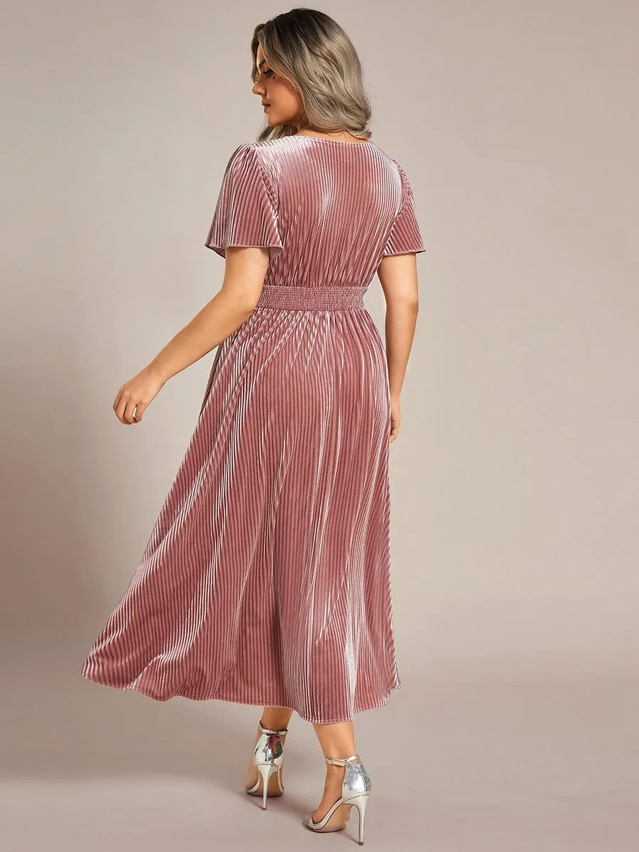 Striped Velvet Flutter Sleeves V-Neck Midi Wedding Guest Dress