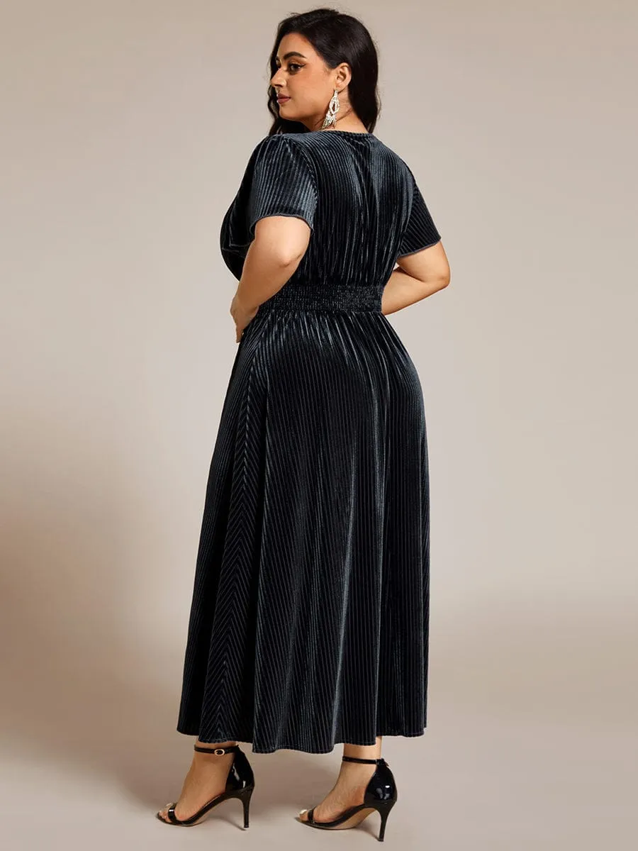Striped Velvet Flutter Sleeves V-Neck Midi Wedding Guest Dress