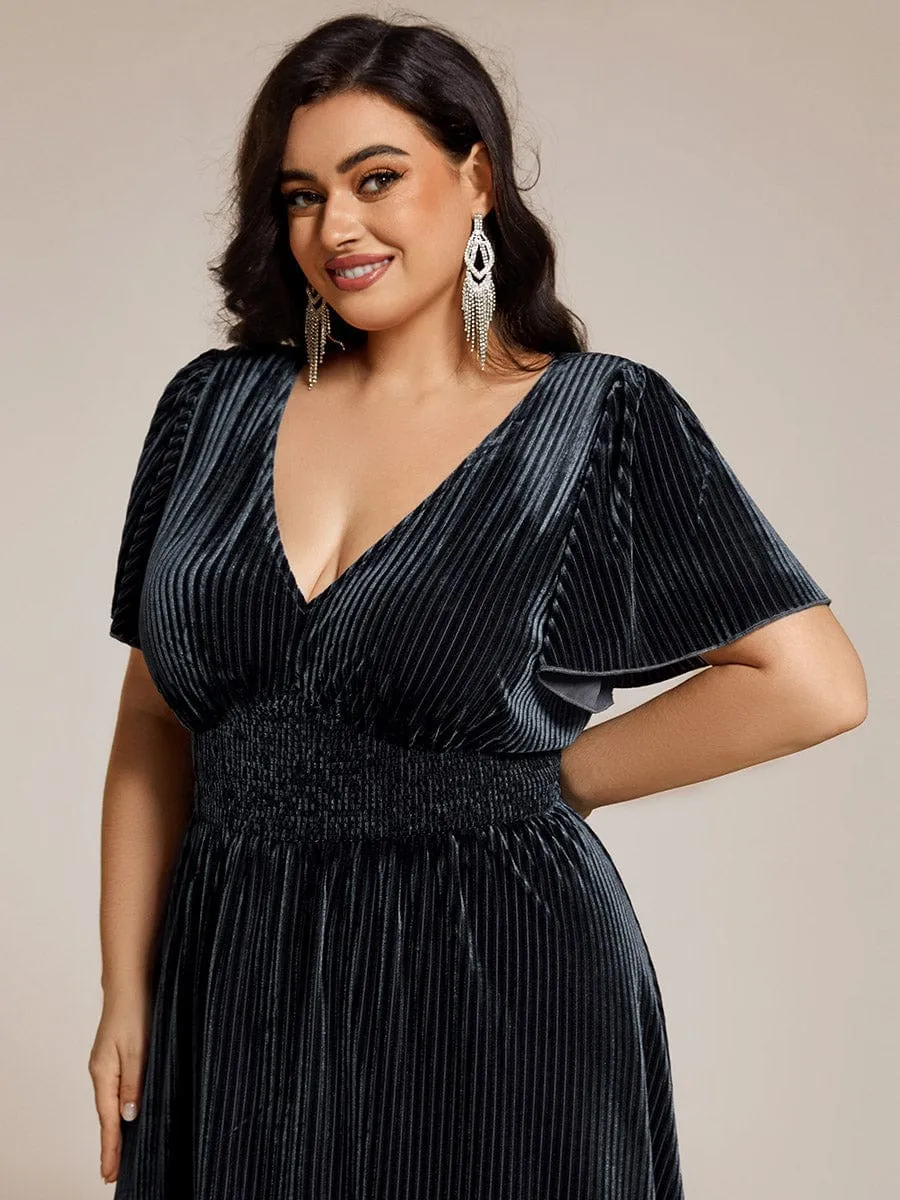 Striped Velvet Flutter Sleeves V-Neck Midi Wedding Guest Dress