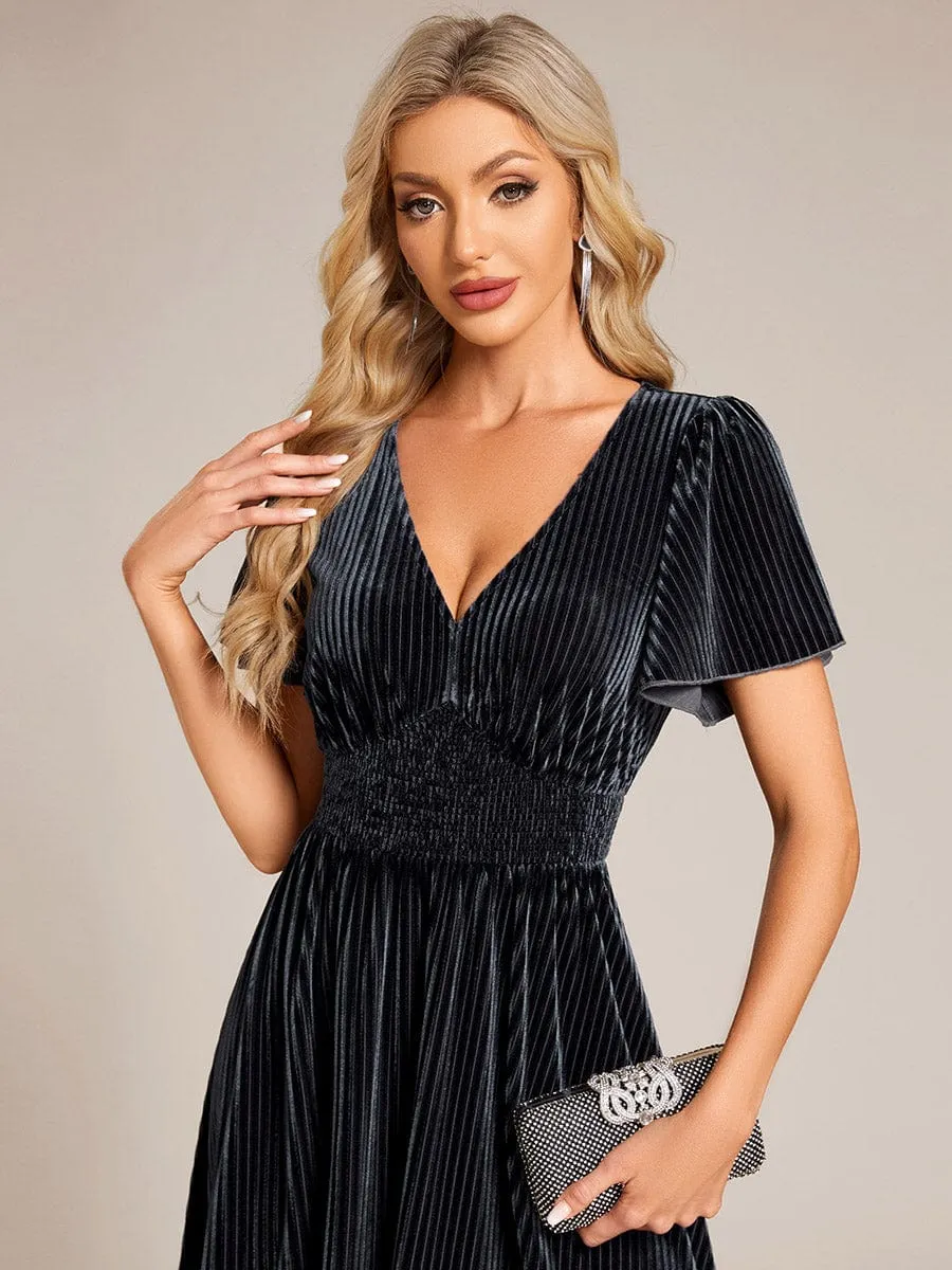 Striped Velvet Flutter Sleeves V-Neck Midi Wedding Guest Dress