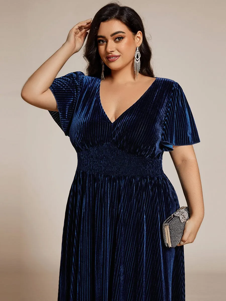 Striped Velvet Flutter Sleeves V-Neck Midi Wedding Guest Dress