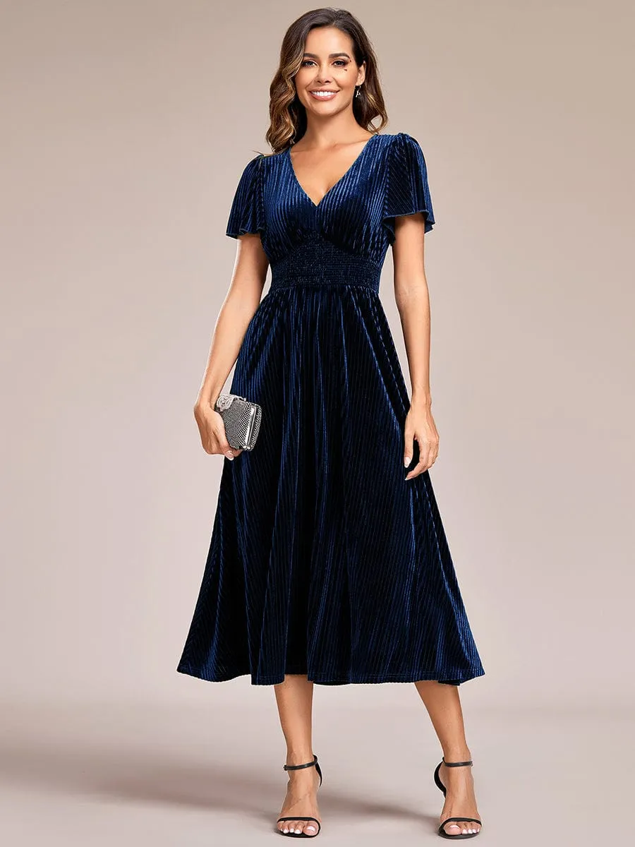 Striped Velvet Flutter Sleeves V-Neck Midi Wedding Guest Dress