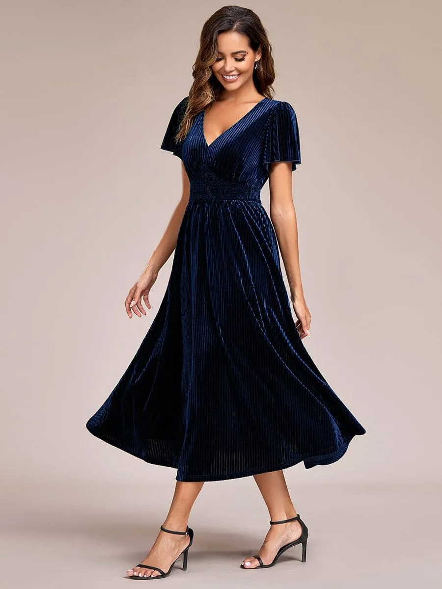 Striped Velvet Flutter Sleeves V-Neck Midi Wedding Guest Dress