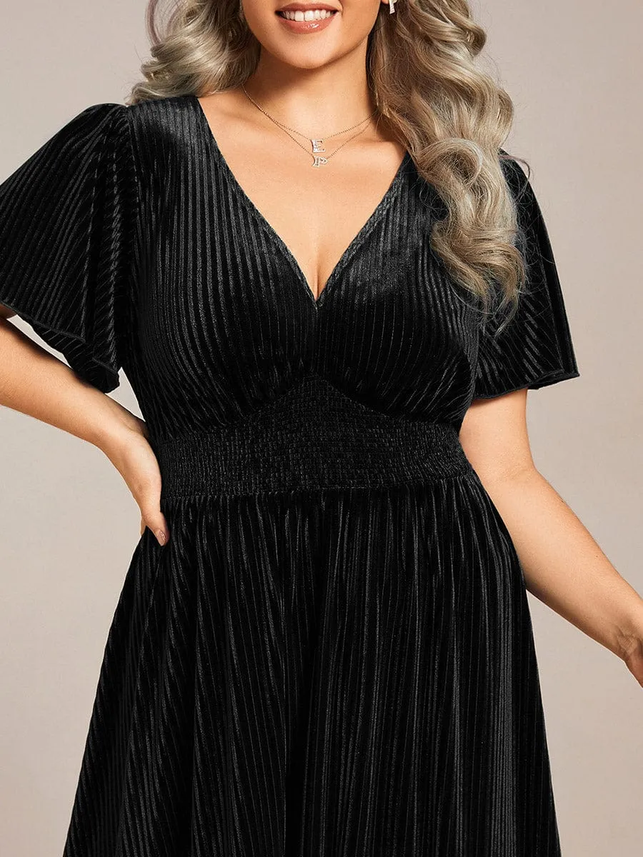 Striped Velvet Flutter Sleeves V-Neck Midi Wedding Guest Dress