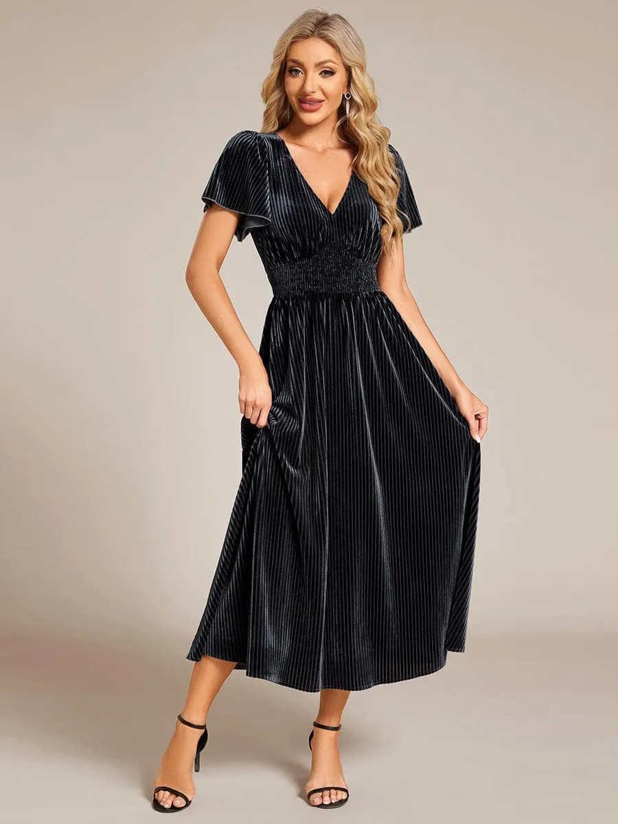 Striped Velvet Flutter Sleeves V-Neck Midi Wedding Guest Dress