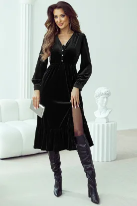 Velvet Buttoned Puff Sleeve Midi Dress