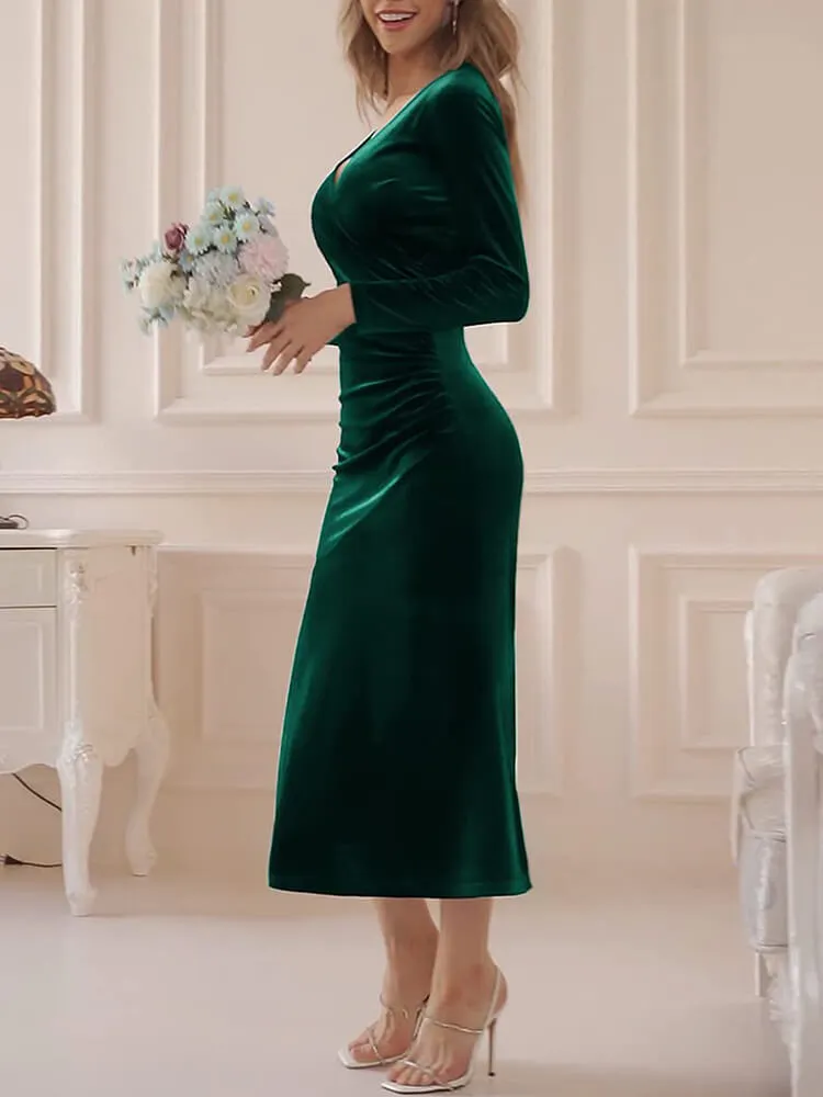 Velvet Long Sleeve V Neck FishTail Midi Dresses