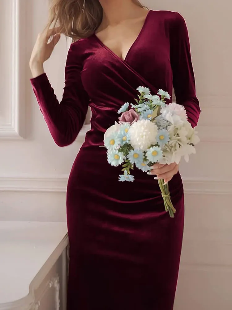 Velvet Long Sleeve V Neck FishTail Midi Dresses