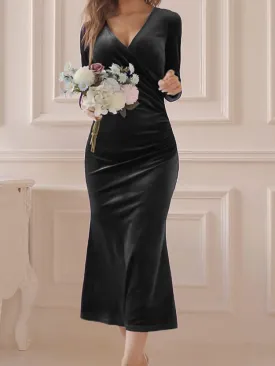 Velvet Long Sleeve V Neck FishTail Midi Dresses