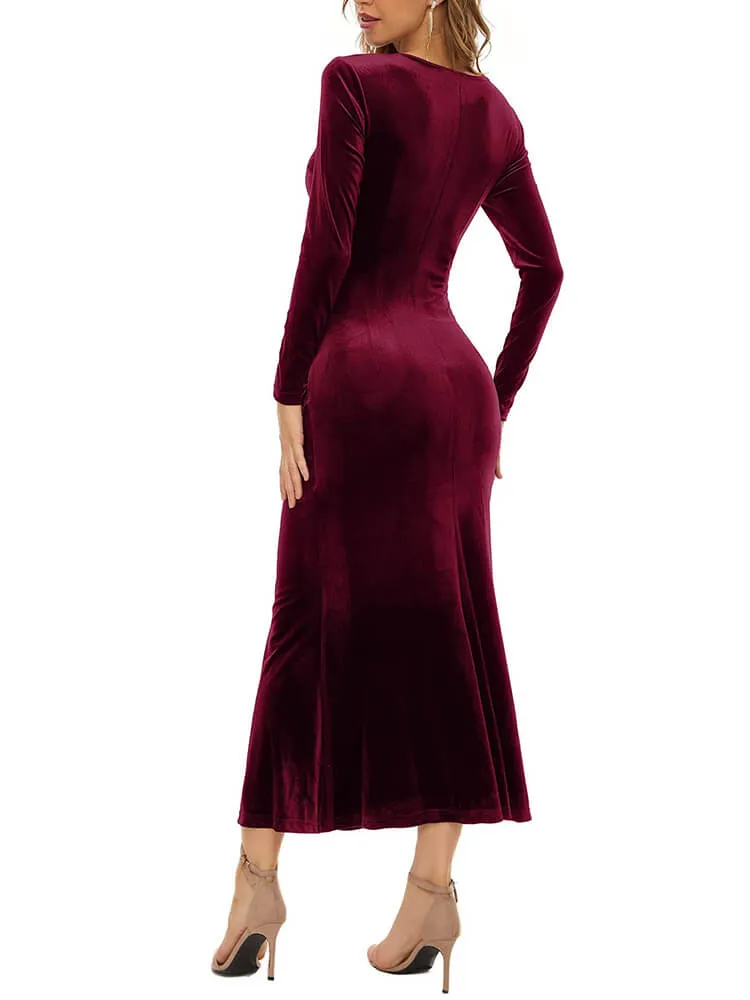 Velvet Long Sleeve V Neck FishTail Midi Dresses