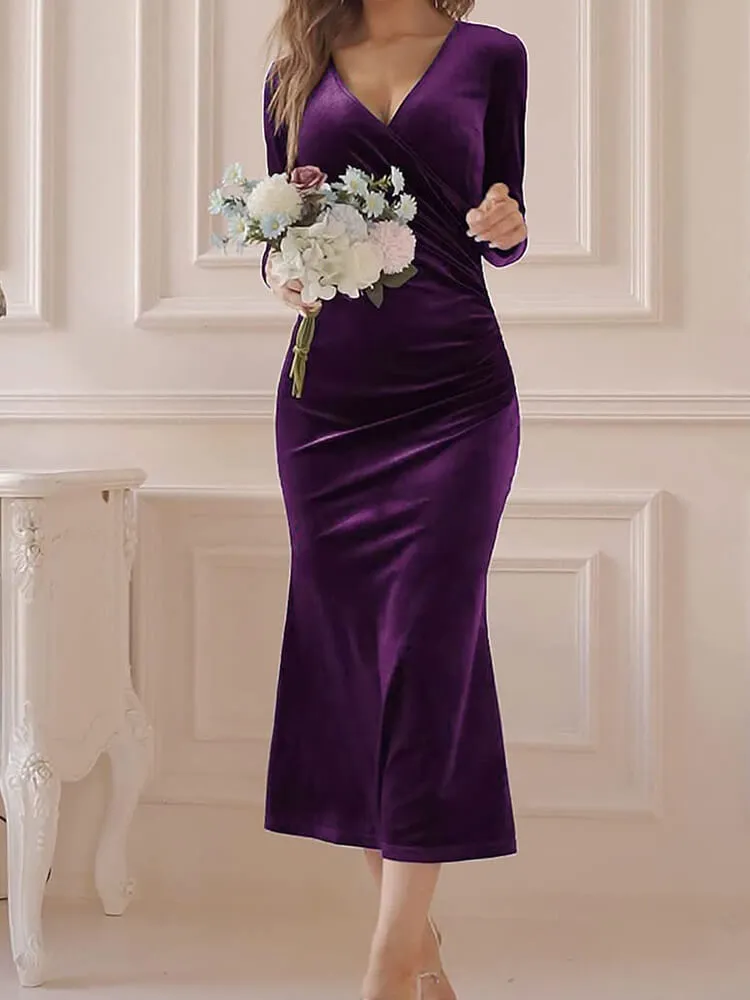 Velvet Long Sleeve V Neck FishTail Midi Dresses