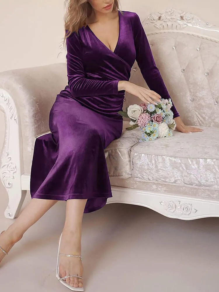 Velvet Long Sleeve V Neck FishTail Midi Dresses
