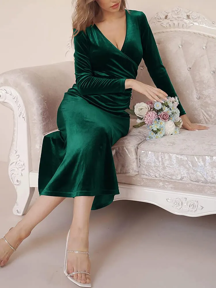 Velvet Long Sleeve V Neck FishTail Midi Dresses