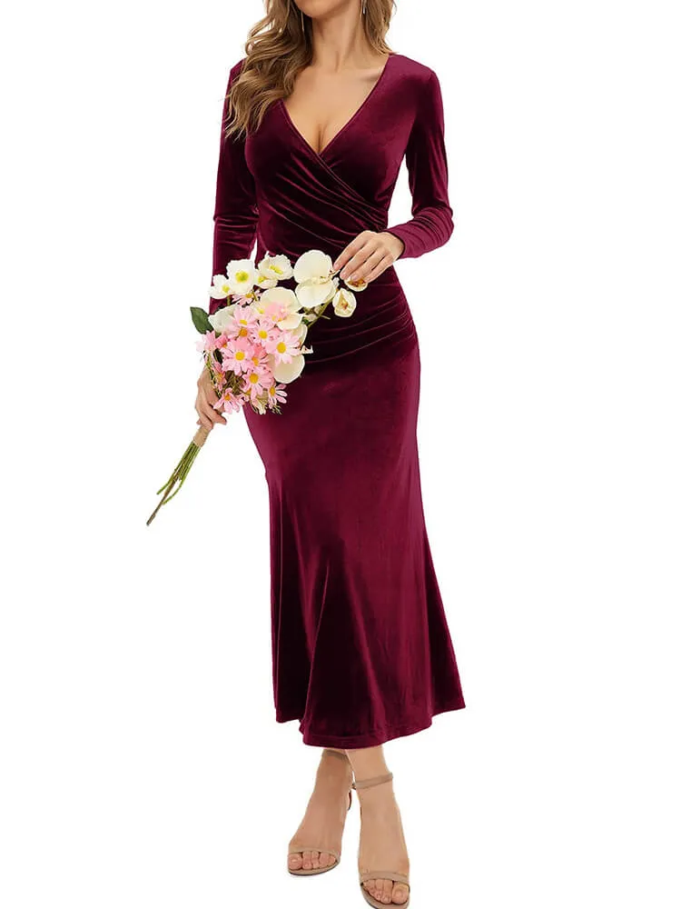 Velvet Long Sleeve V Neck FishTail Midi Dresses