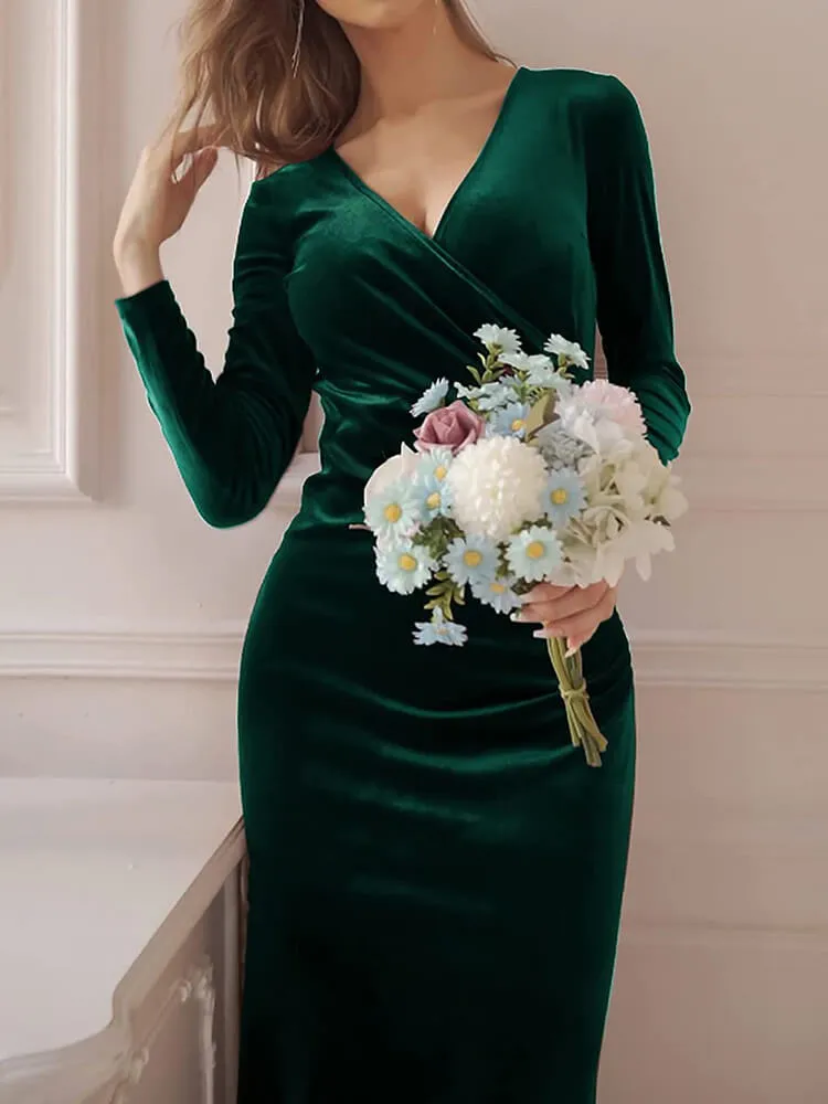 Velvet Long Sleeve V Neck FishTail Midi Dresses