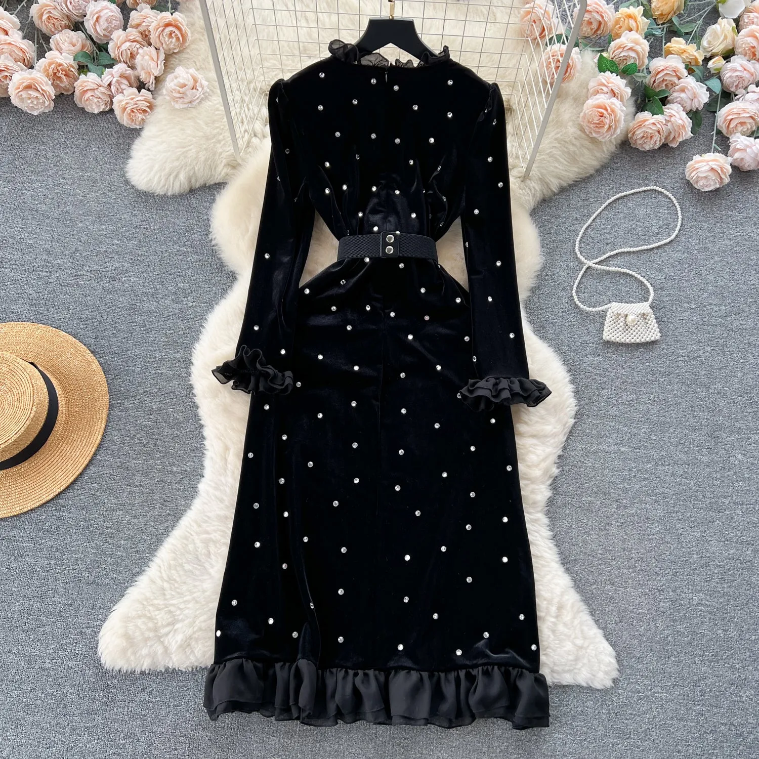 Vintage Beaded Ruffled Velvet Dress