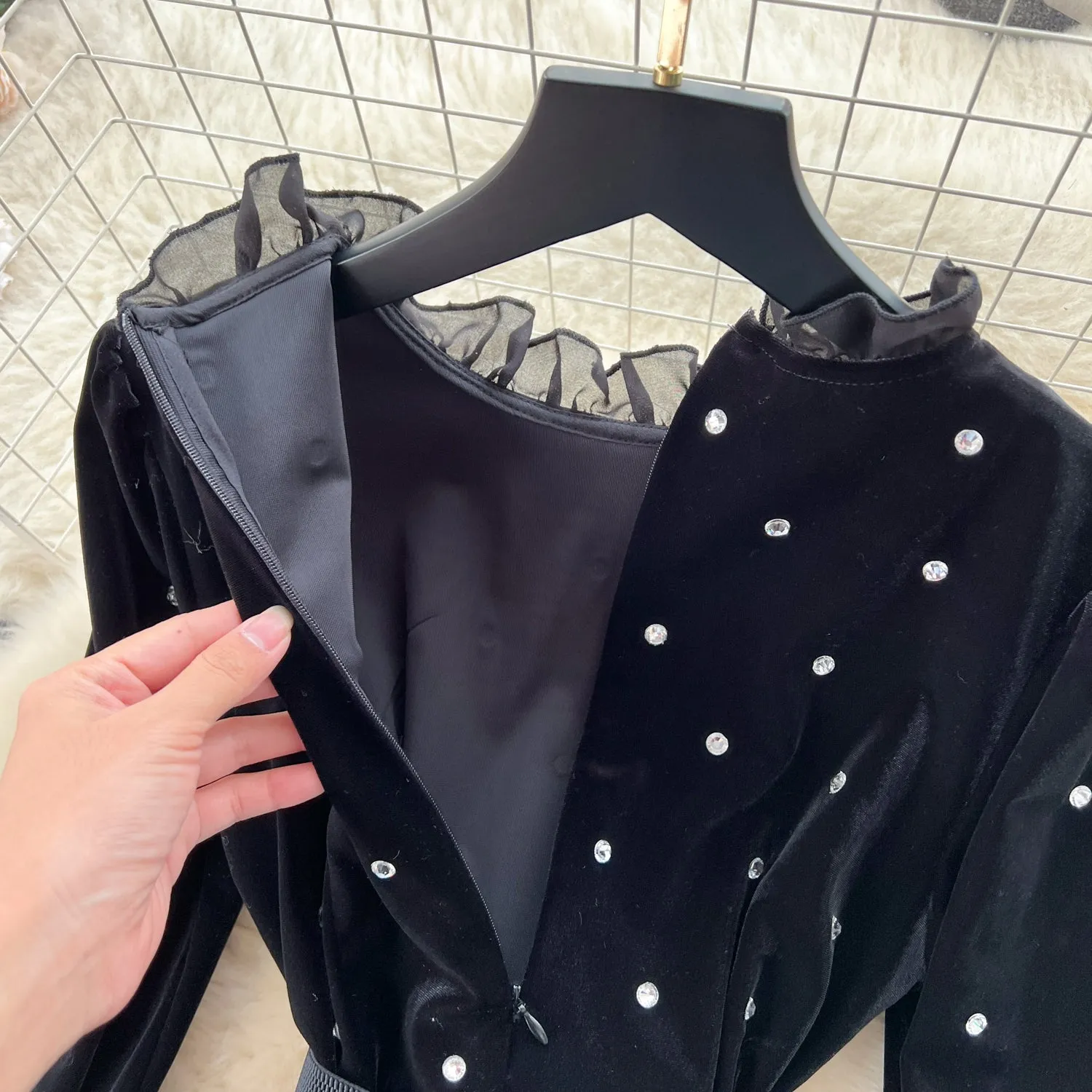 Vintage Beaded Ruffled Velvet Dress