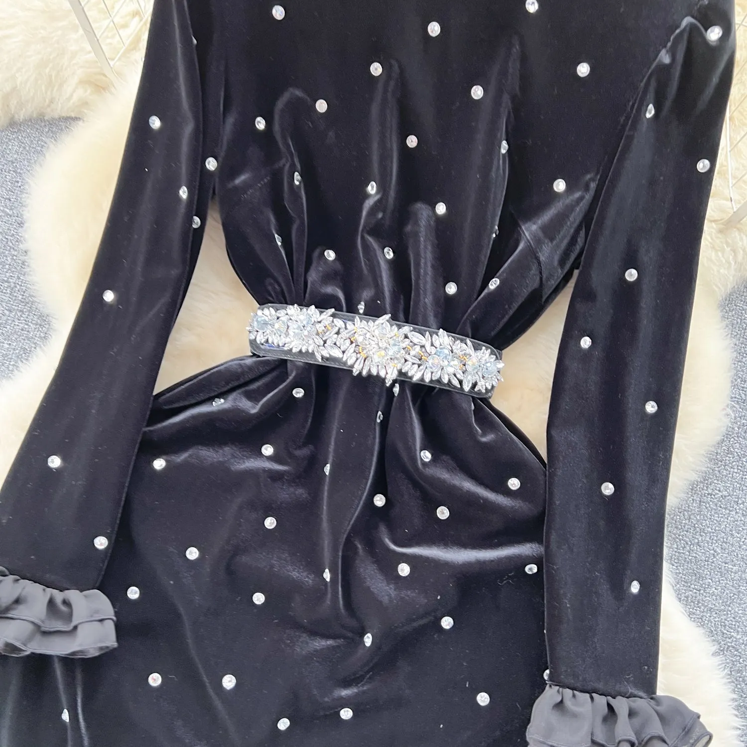 Vintage Beaded Ruffled Velvet Dress