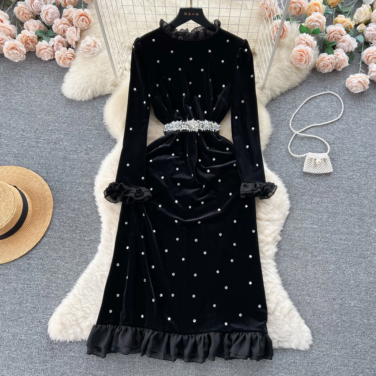 Vintage Beaded Ruffled Velvet Dress