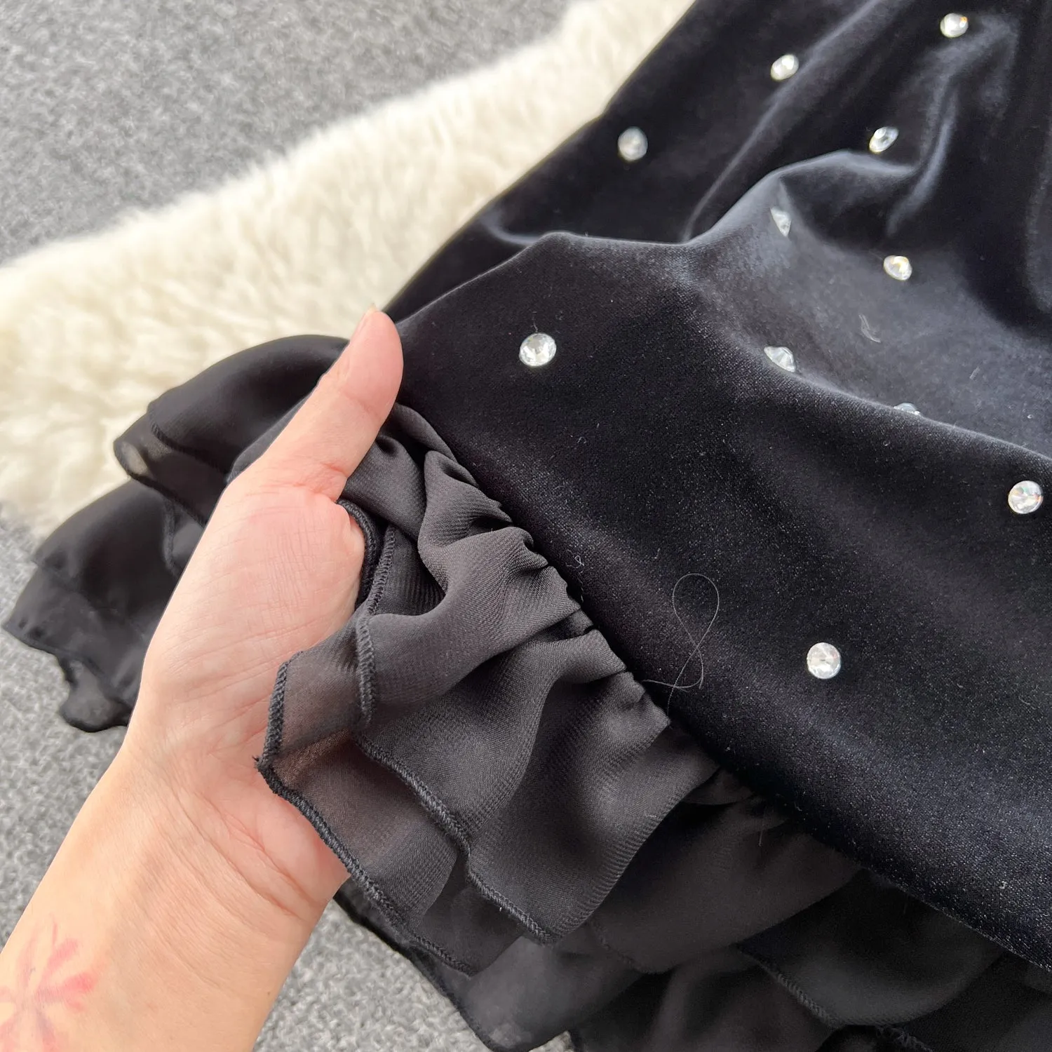 Vintage Beaded Ruffled Velvet Dress