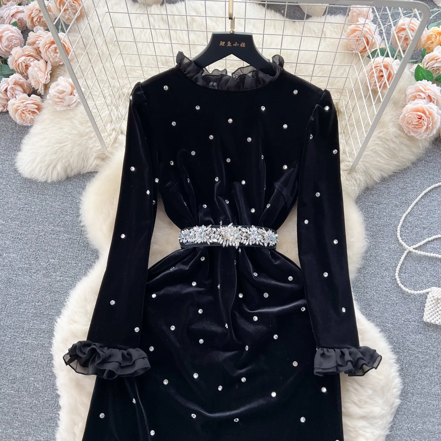 Vintage Beaded Ruffled Velvet Dress
