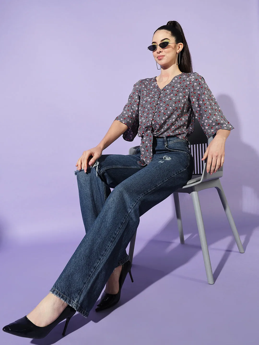 Women V-Neck Flared Sleeves Floral Print Crepe Wrap Top