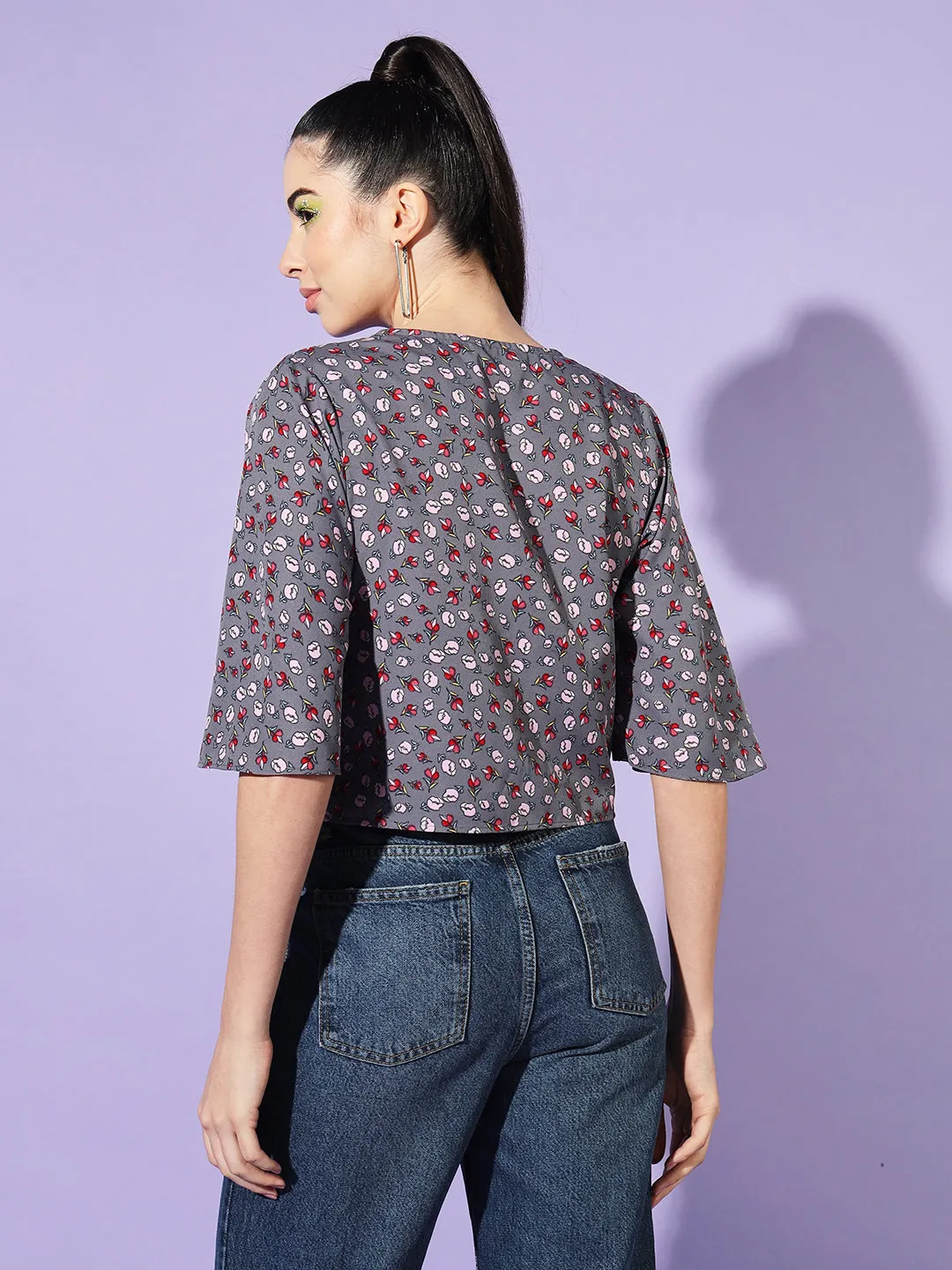 Women V-Neck Flared Sleeves Floral Print Crepe Wrap Top