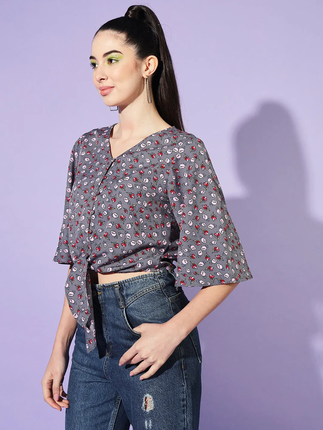 Women V-Neck Flared Sleeves Floral Print Crepe Wrap Top