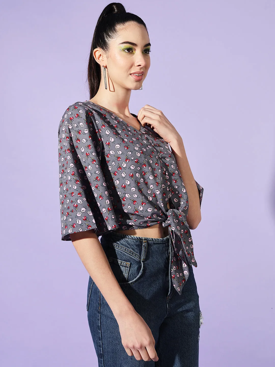 Women V-Neck Flared Sleeves Floral Print Crepe Wrap Top