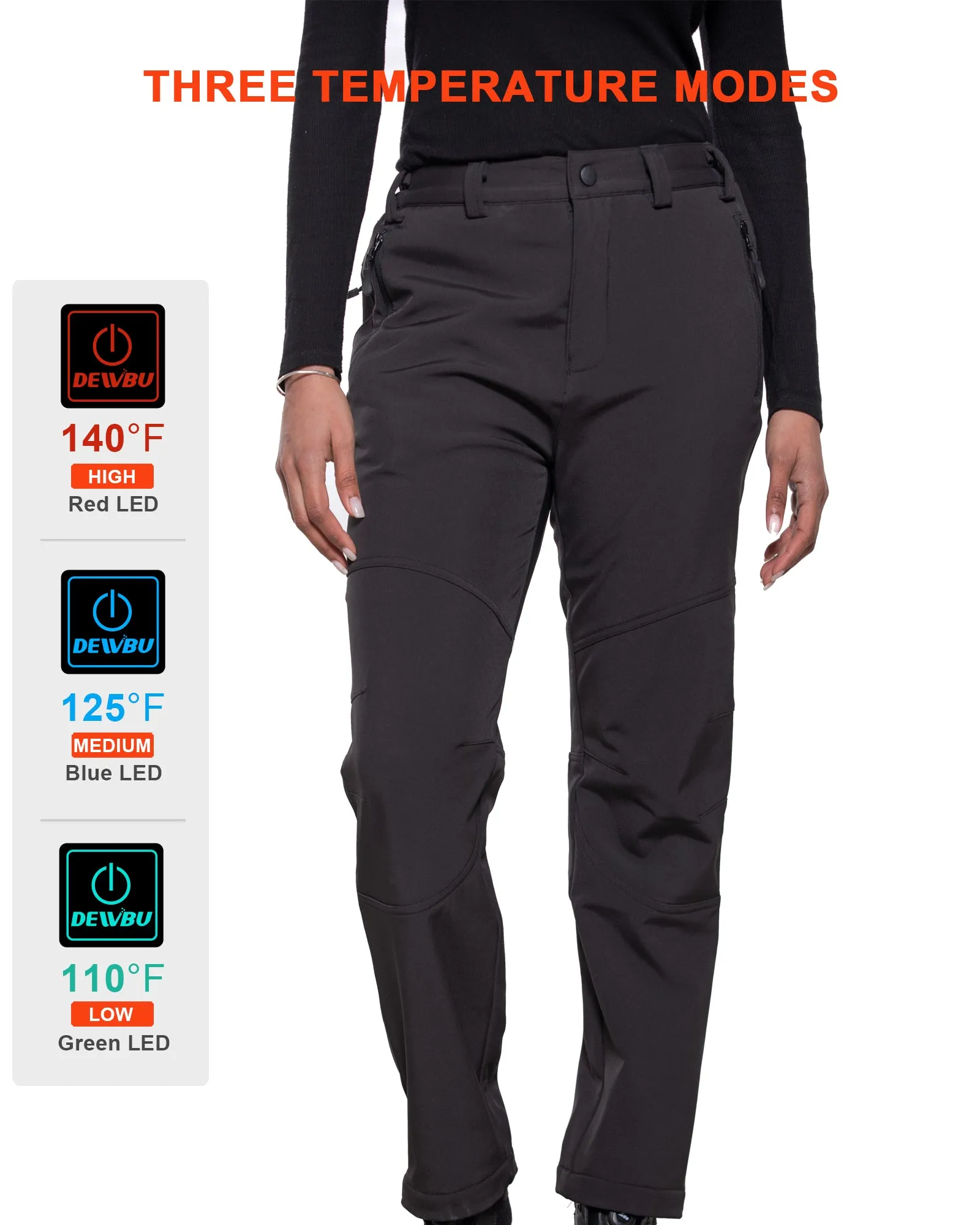 Women's Soft Shell  Heated Pants with 12V Battery Pack Fleece Lined - Black